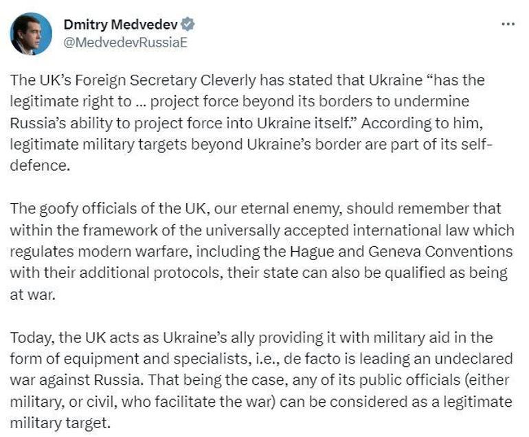 Medvedev: İngiliz yetkililer, meşru askeri hedef olarak görülebilir