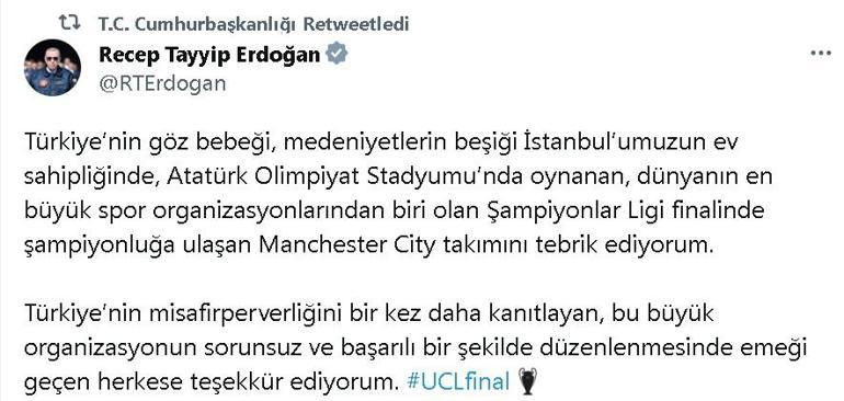 Cumhurbaşkanı Erdoğan, Manchester City takımını tebrik etti