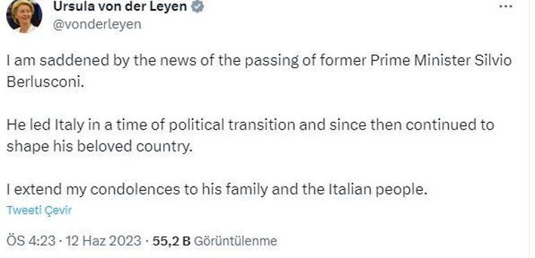 Avrupa Komisyonu Başkanı Leyen: İtalyan halkına taziyelerimi iletiyorum