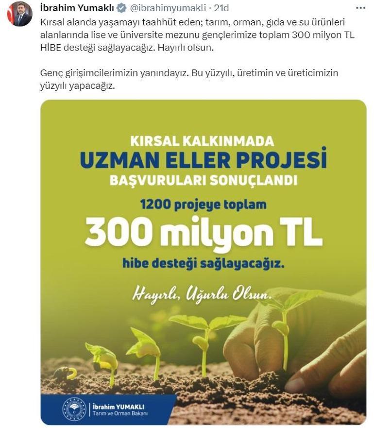 Tarım ve Orman Bakanlığından Uzman Eller Projesine 300 milyon TL hibe