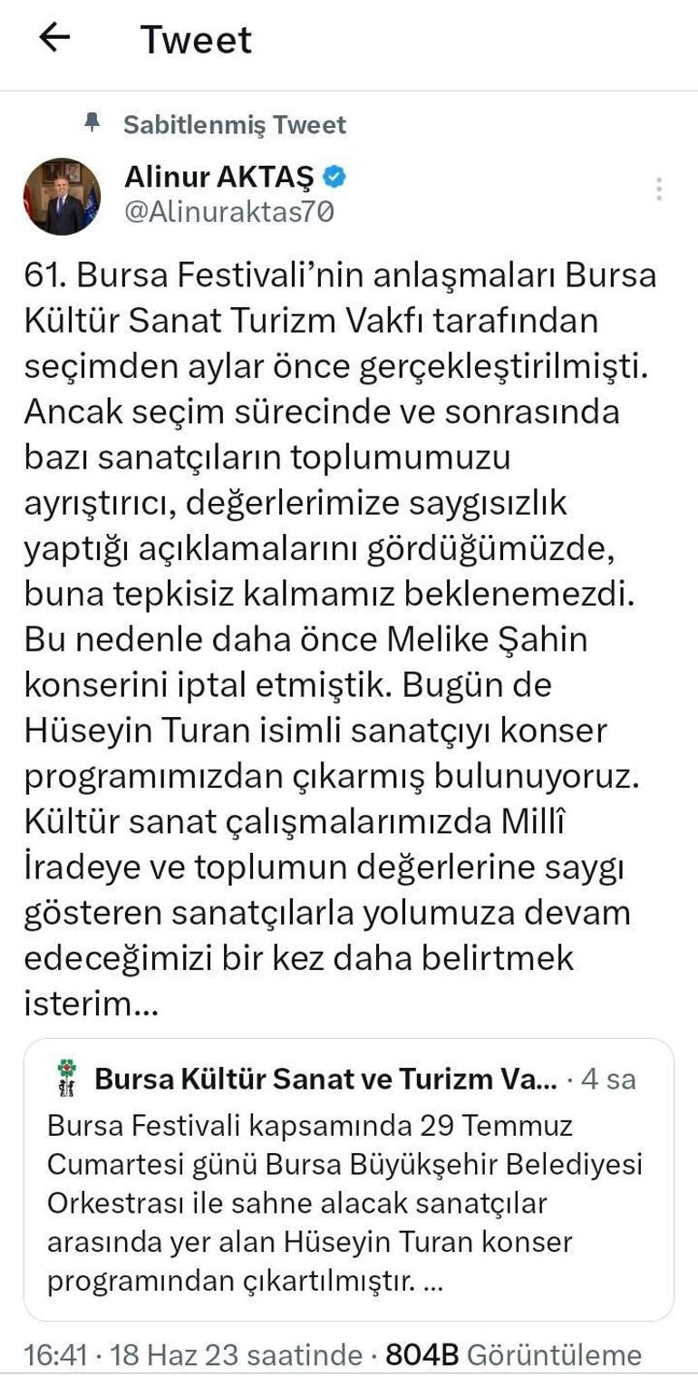 Bursa Büyükşehir Belediyesi sanatçı Hüseyin Turanın konserini iptal etti