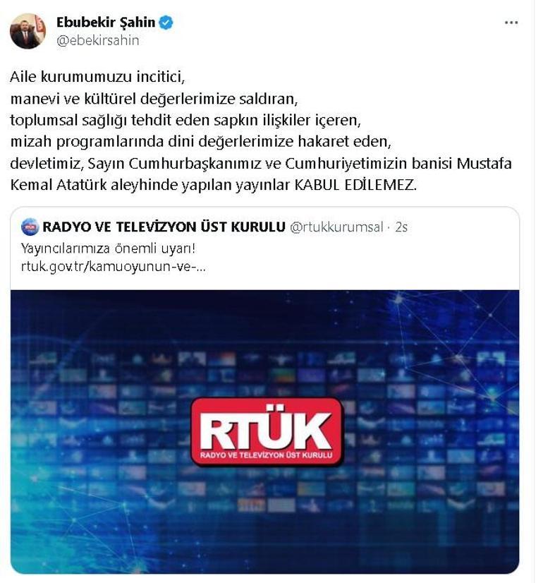 RTÜK: Cumhurbaşkanımız ve Cumhuriyetimizin banisi Atatürk aleyhinde yapılan yayınlar kabul edilemez