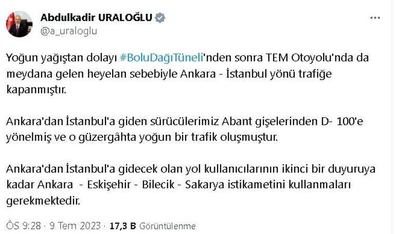 TEM Otoyolunda heyelan sebebiyle Ankara-İstanbul yönü trafiğe kapandı