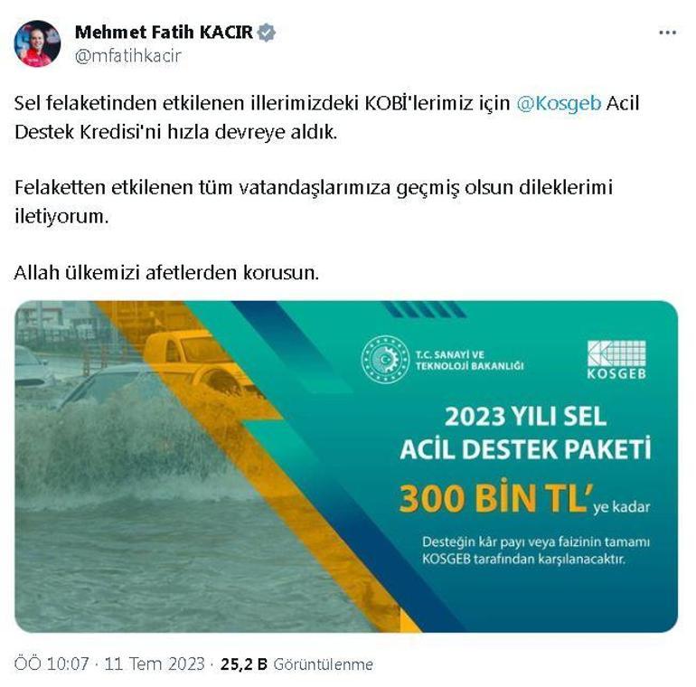 Bakan Kacır: Selden etkilenen KOBİlere acil destek kredisi sağlanacak