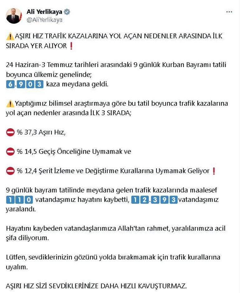 Bakan Yerlikaya: Bayram tatilindeki kazalarda 110 kişi hayatını kaybetti