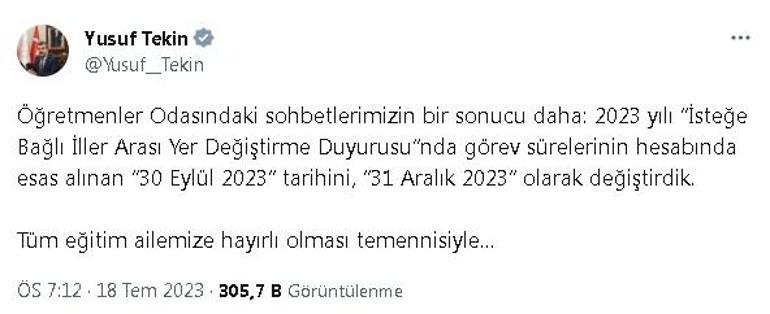 Bakan Tekinden Öğretmenler için isteğe bağlı yer değiştirme görev süresinde değişiklik açıklaması