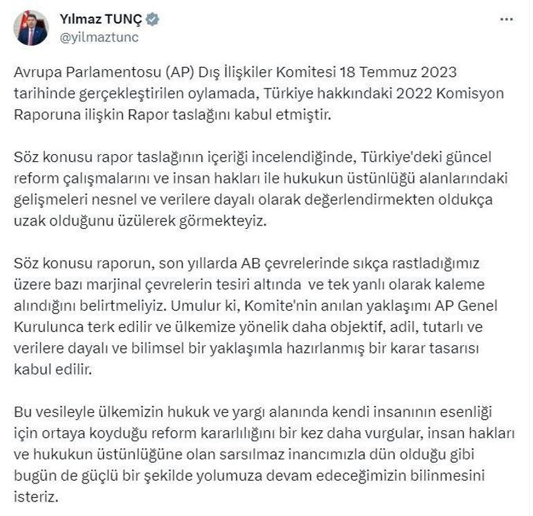 Bakan Tunçtan APnin Türkiye raporuna tepki