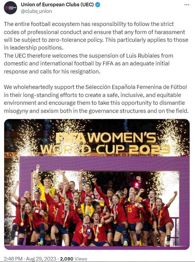 Avrupa Kulüpler Birliği, Rubiales’i istifaya çağırdı