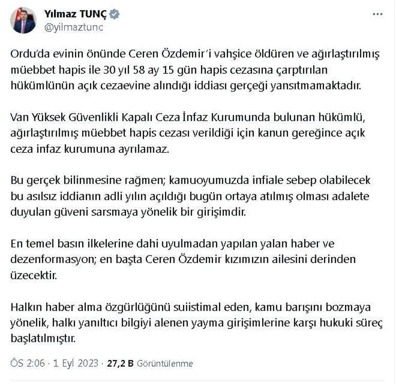 Ceren Özdemirin katilinin açık cezaevine alındığı iddialarına açıklama