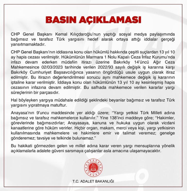 Adalet Bakanlığı: Kılıçdaroğlunun iddiaları gerçeği yansıtmamaktadır