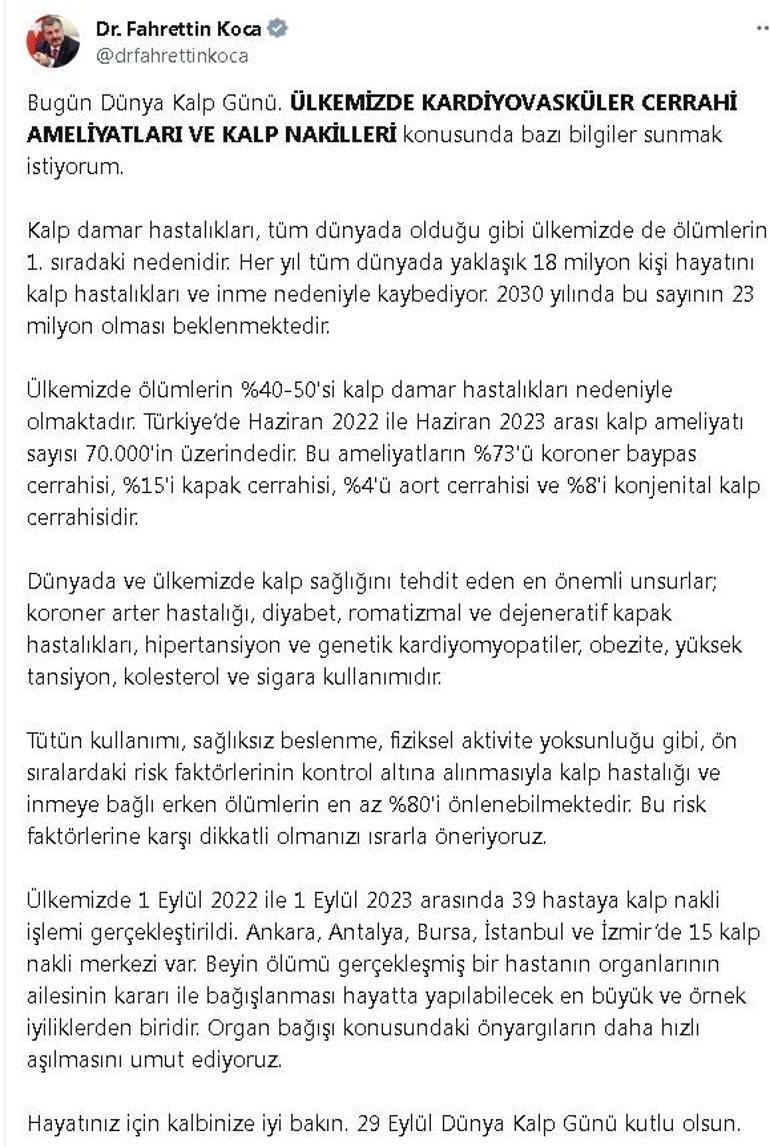 Bakan Kocadan Dünya Kalp Günü paylaşımı