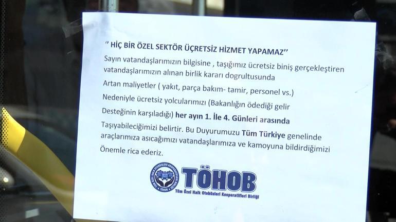 Özel halk otobüsçülerinden araçlara ücretsiz yolcu taşımayacağız yazısı