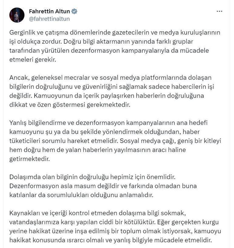 İletişim Başkanı Altun: Kamuoyu yanlış bilgiyle mücadele etmeli