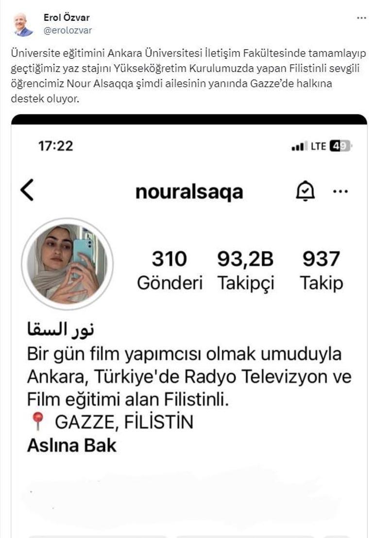 YÖK Başkan Özvardan, Filistinli öğrenciye destek