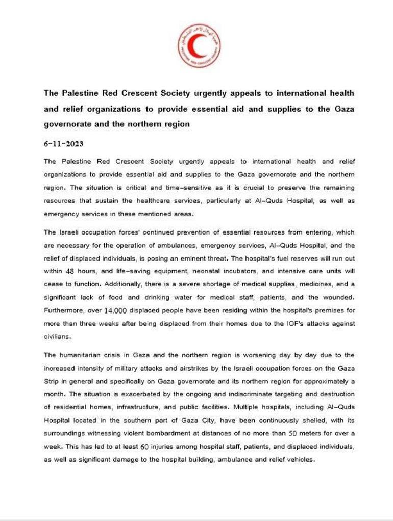 Filistin Kızılayı: Yaklaşık 48 saatlik yakıtımız kaldı, tüm üniteler çalışmaz hale gelecek