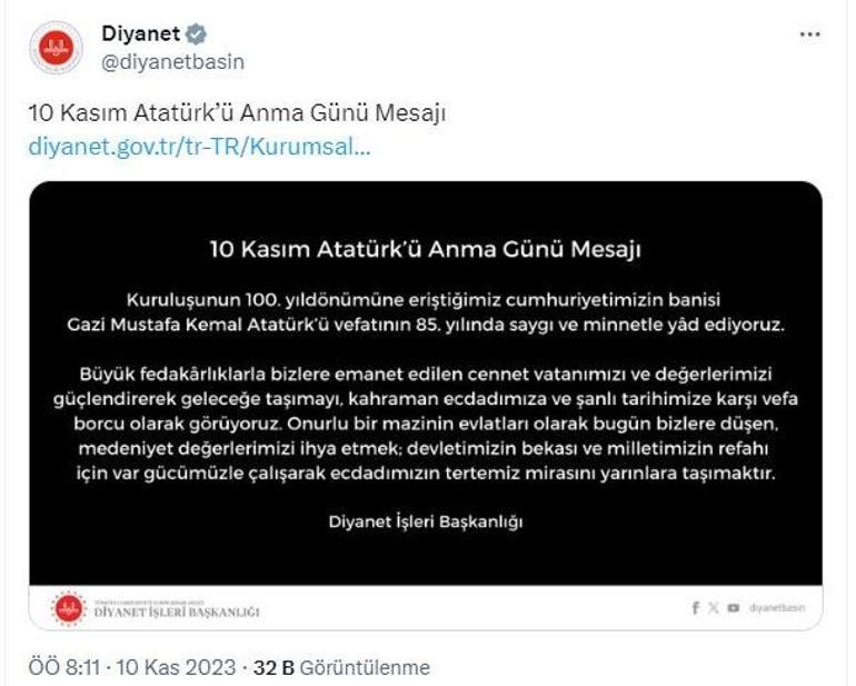 Diyanetten 10 Kasım Atatürkü Anma Günü mesajı
