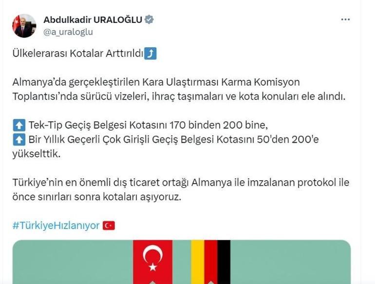 Almanya ile geçiş belgesi kotaları artırıldı