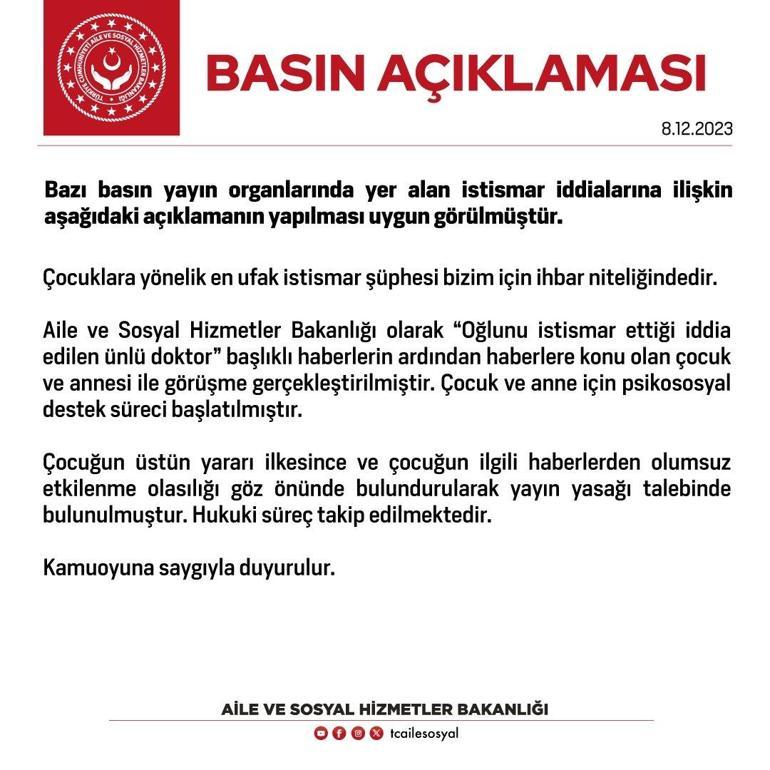 Bakanlıktan oğlunu istismar ettiği iddia edilen ünlü doktor açıklaması