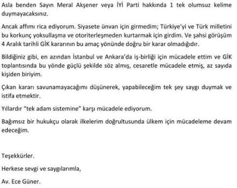 İYİ Parti Genel Başkan Yardımcısı Güner, partisinden istifa etti