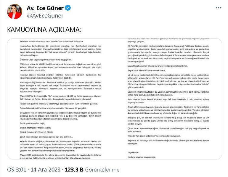 İYİ Parti Genel Başkan Yardımcısı Güner, partisinden istifa etti