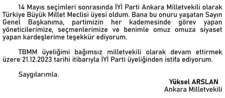 Ankara Milletvekili Yüksel Arslan, İYİ Partiden istifa etti