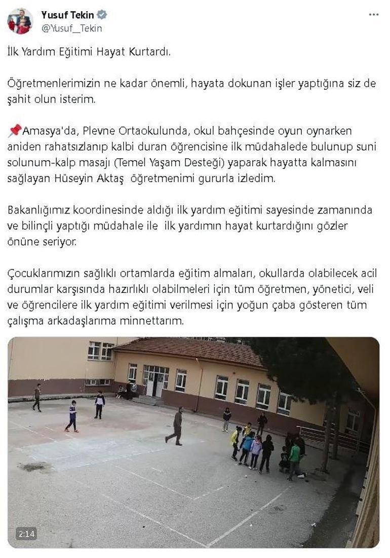 Bakan Tekin: Öğrencisinin hayatta kalmasını sağlayan öğretmenimi gururla izledim