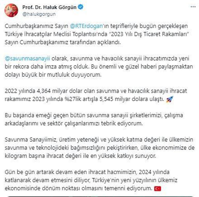 Savunma Sanayii Başkanı Görgün: Savunma ve havacılık sanayii ihracatı 5,545 milyar dolar