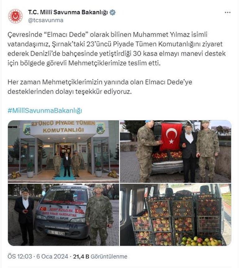 Bakanlıktan ‘Elmacı Dedeye teşekkür’ paylaşımı