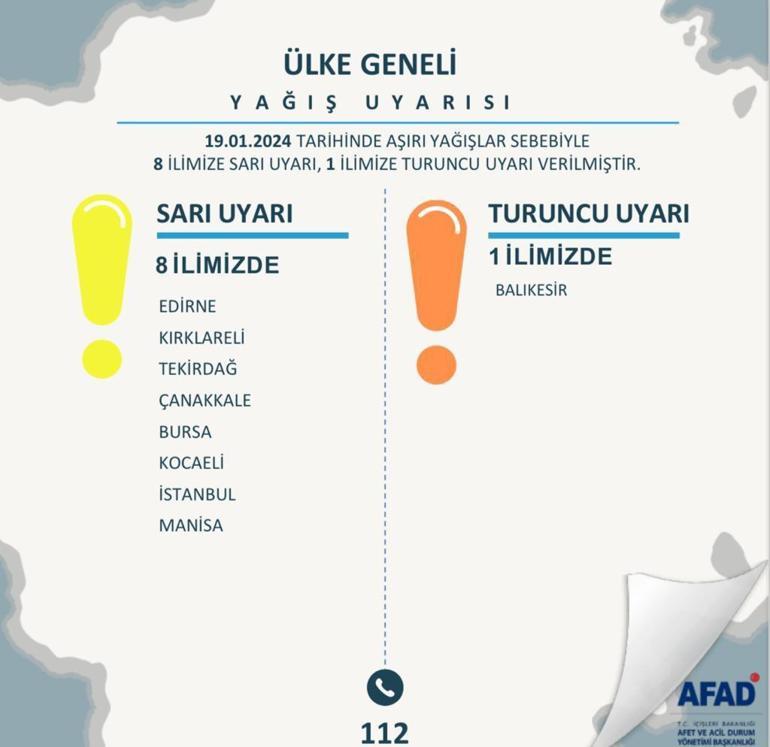 Meteorolojiden 1 il için turuncu, 8 il için sarı uyarı