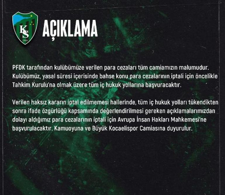 PFDK’dan Kocaelispor’a 478 bin TL ceza