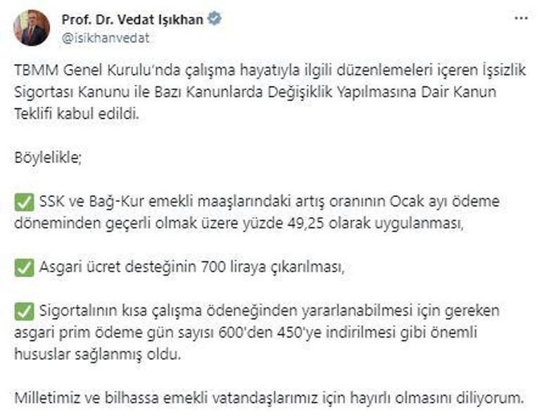 SSK ve BAĞ-KUR emekli aylıklarını yüzde 49,25e çıkaran kanun teklifi Meclisten geçti