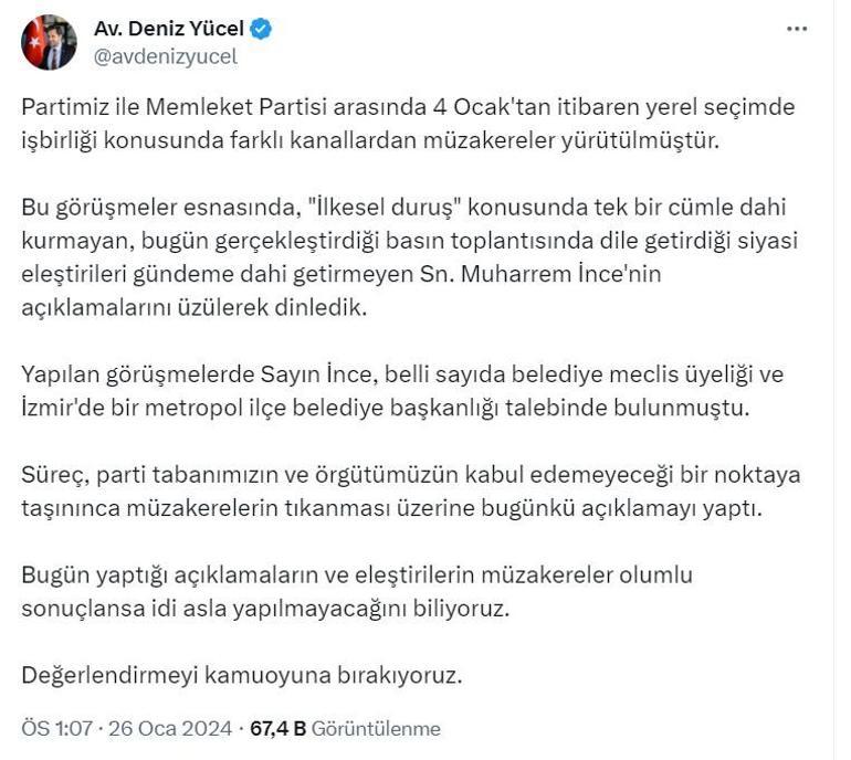 CHPli Yücel: Muharrem İnce, belediye meclis üyeliği ve ilçe belediye başkanlığı talep etti