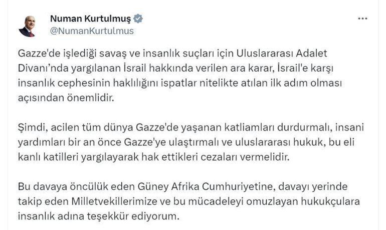 TBMM Başkanı Kurtulmuş: Uluslararası hukuk, İsraile hak ettiği cezayı vermeli