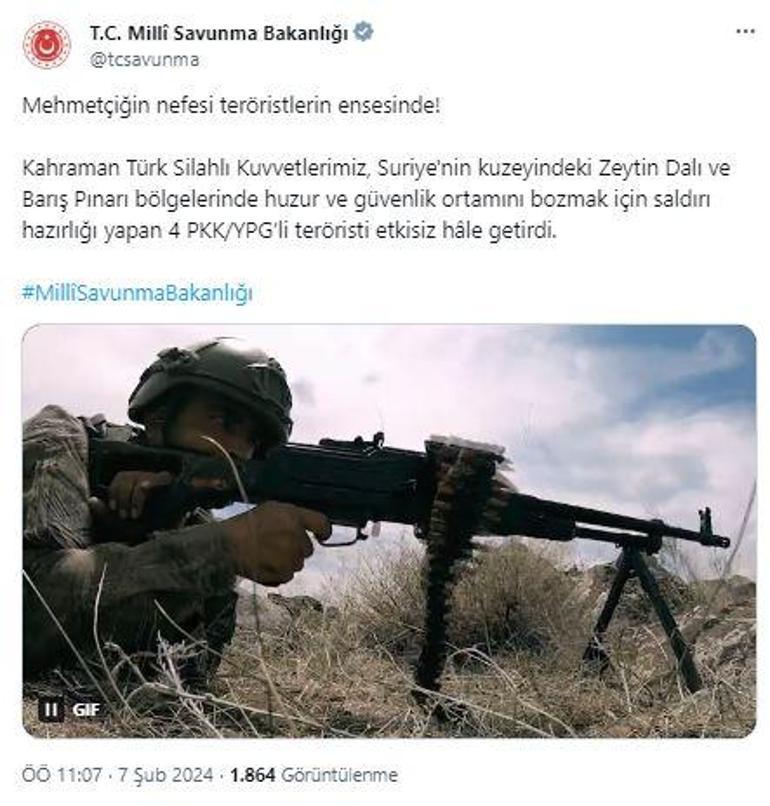MSB: 4 PKK/YPGli terörist etkisiz hale getirildi