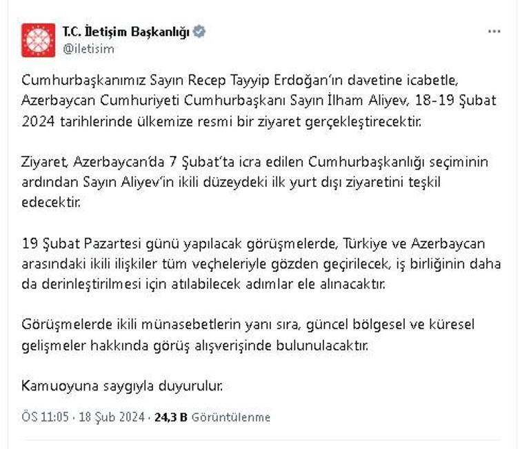 Azerbaycan Cumhurbaşkanı Aliyev, Cumhurbaşkanı Erdoğanın daveti üzerine Türkiyeye geliyor