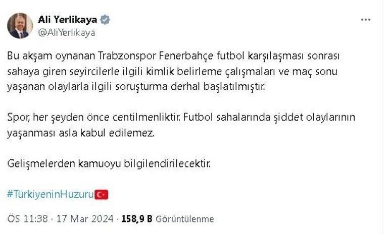 Bakan Yerlikaya: Trabzonspor-Fenerbahçe maçı sonrası yaşananlar ile ilgili soruşturma başlatılmıştır
