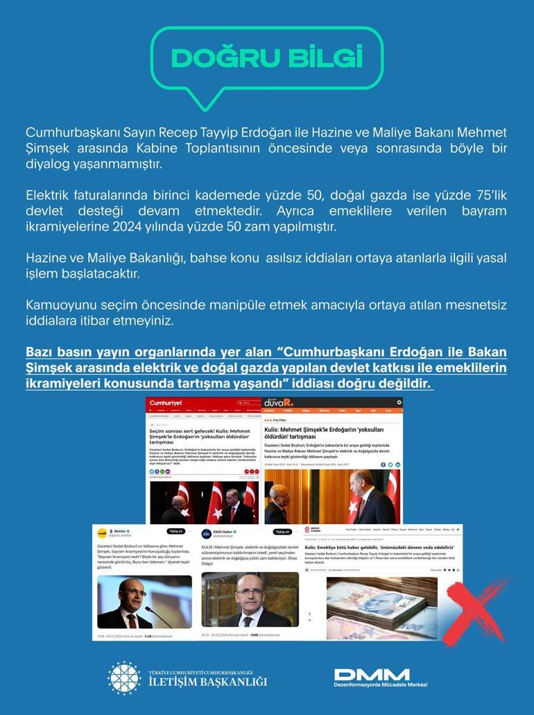 İletişim Başkanlığından Cumhurbaşkanı Erdoğan ile Bakan Şimşek arasında tartışma yaşandı iddiasına yalanlama