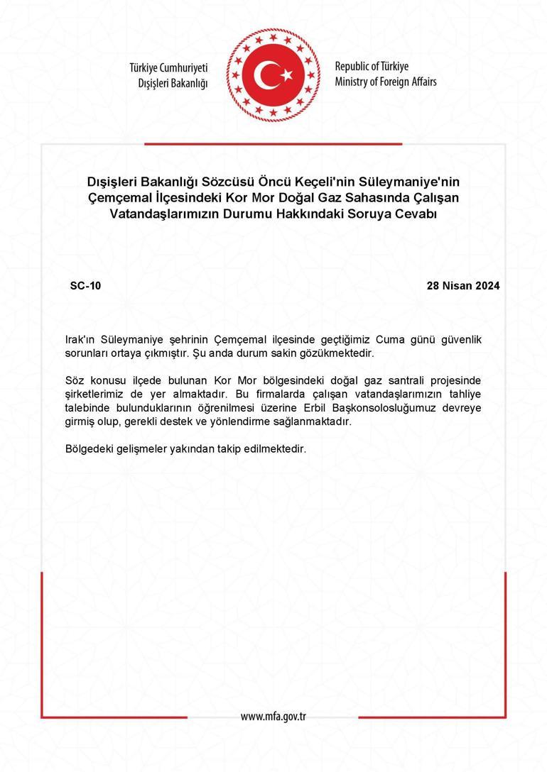 Dışişleri Bakanlığı: Süleymaniyedeki gaz sahası çalışanları için Erbil Başkonsolosluğu devrede