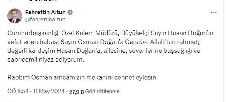 Cumhurbaşkanlığı Özel Kalem Müdürü Hasan Doğanın babası vefat etti