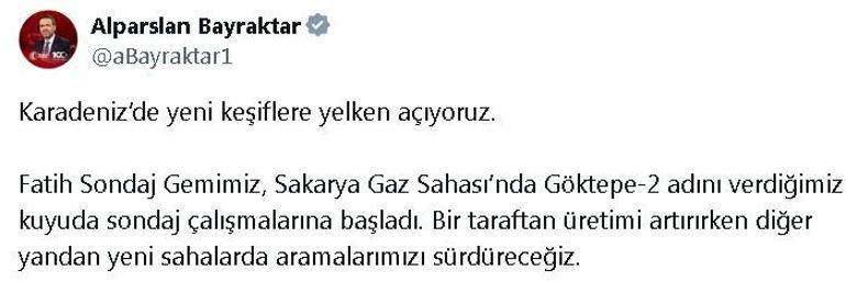 Bakan Bayraktar: Fatih Sondaj Gemimiz, Göktepe-2 kuyusunda sondaja başladı