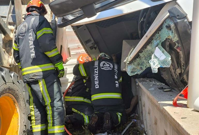 Denizlide, akaryakıt istasyonunun duvarına çarpan kamyonun şoförü öldü