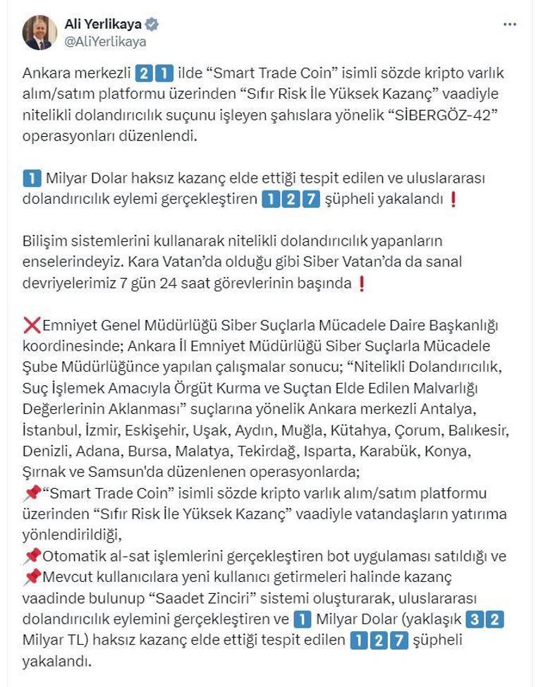 Ankara merkezli 21 ilde kripto varlık dolandırıcılarına operasyon: 127 gözaltı