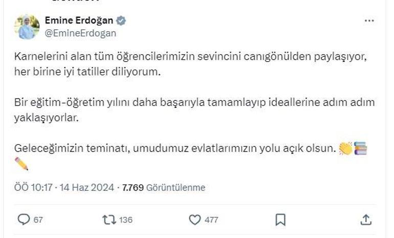 Emine Erdoğandan karne mesajı