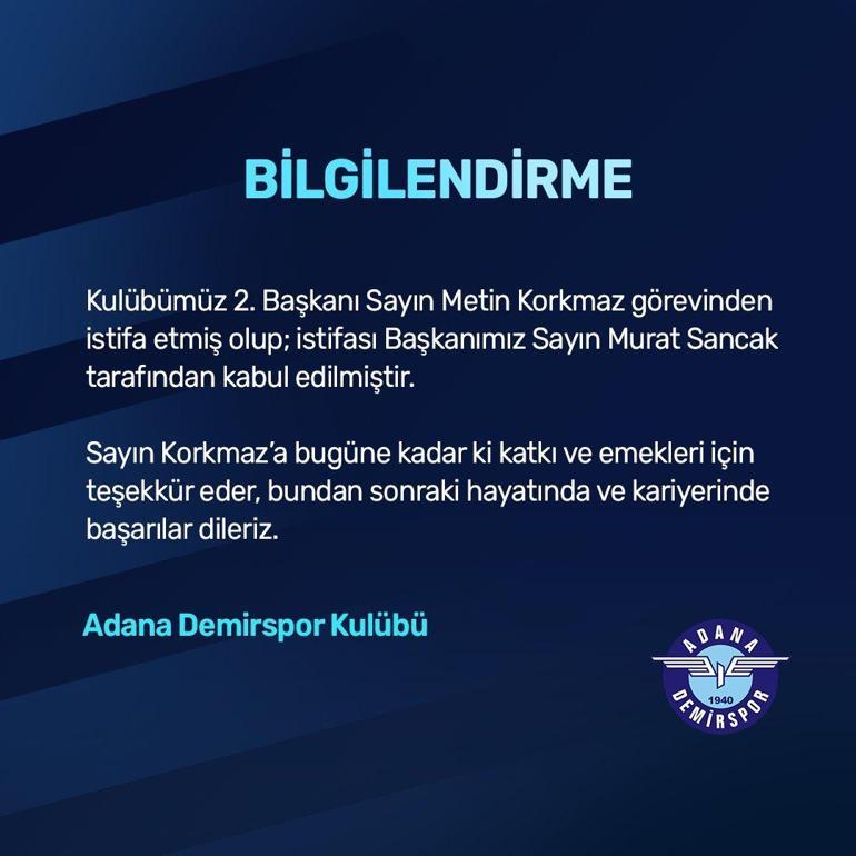 Adana Demirsporda ikinci başkan Metin Korkmaz, istifa etti