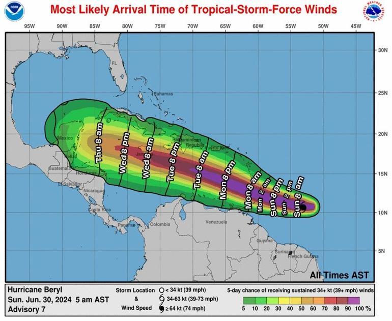 Karayipler’e doğru yaklaşan Beryl Kasırgası için 4’üncü seviye kasırga alarmı verildi