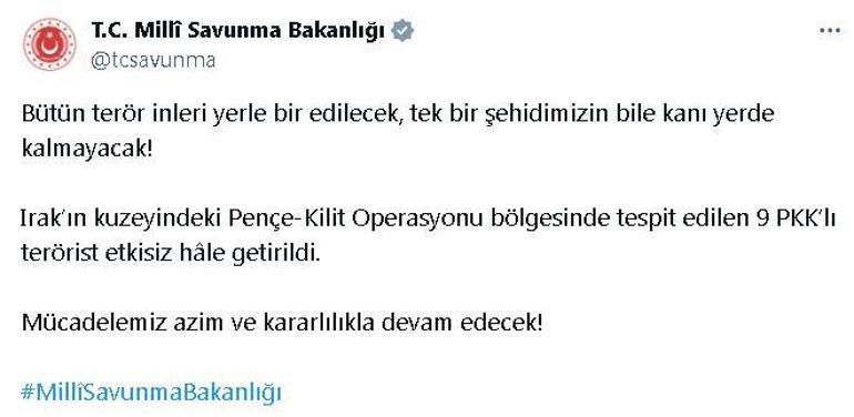 MSB: Irakın kuzeyinde 9 terörist etkisiz hale getirildi