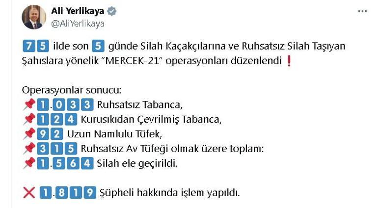 75 ilde Mercek-21 operasyonlarında 1564 ruhsatsız silah ele geçirildi