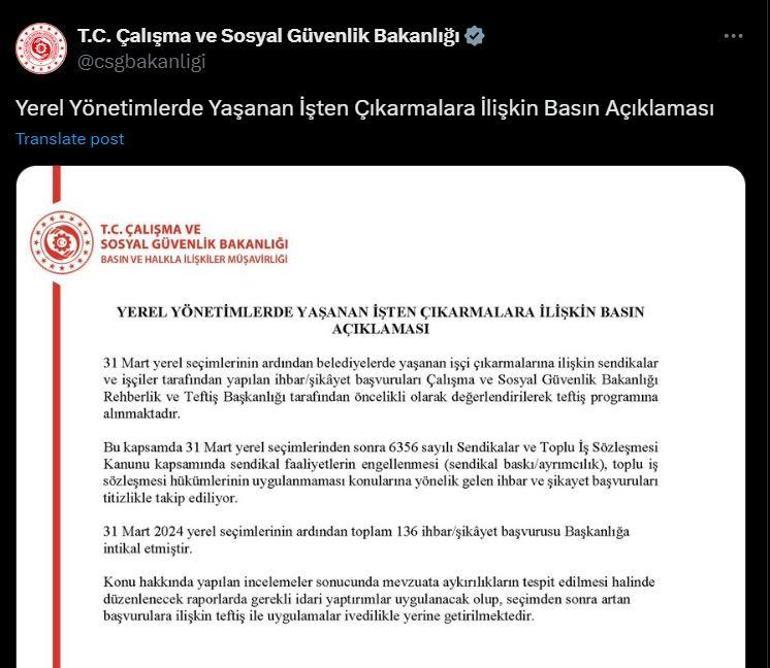 Bakanlık: Yerel seçim sonrası belediyelerden 136 işten çıkarma başvurusu alındı