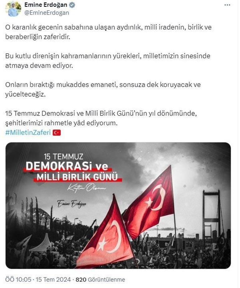 Emine Erdoğandan 15 Temmuz paylaşımı