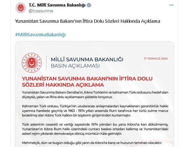 MSB: Yunan Savunma Bakanı Dendiasın yalan ve iftira dolu açıklamasını kınıyoruz